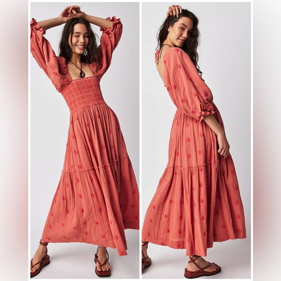 Free People Dresses & Skirts - Free People Dahlia Embroidered Boho Flowy Maxi Dress in Melon Combo Size Medium